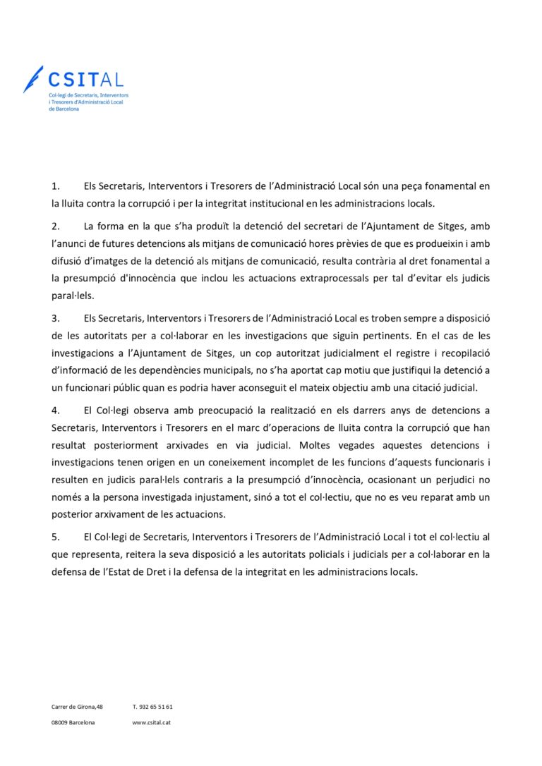 Comunicat en relació a les detencions a càrrecs i personal de l’Ajuntament de Sitges