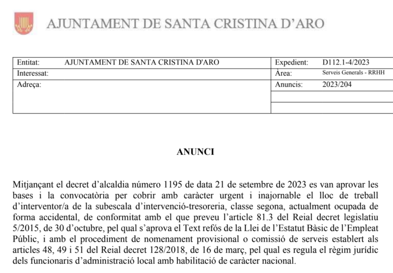 Lloc de treball d’interventor/a de la subescala d’intervenció-tresoreria de l’Ajuntament de Santa Cristina d’Aro