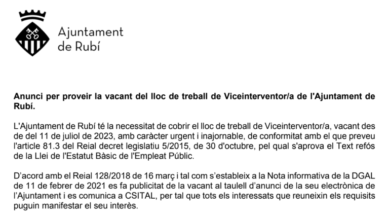 Lloc de treball de Viceinterventor/a de l’Ajuntament de Rubí
