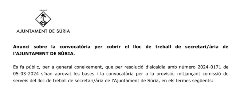 Lloc de treball de secretari/ària a l’Ajuntament de Súria