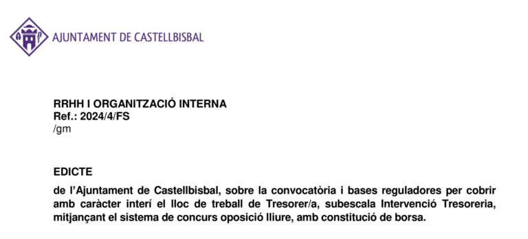 Lloc de treball de Tresorer/a a l’Ajuntament de Castellbisbal