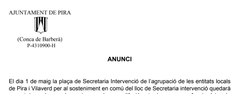Lloc de treball de Secretaria intervenció a l’agrupació de les entitats locals de Pira i Vilaverd