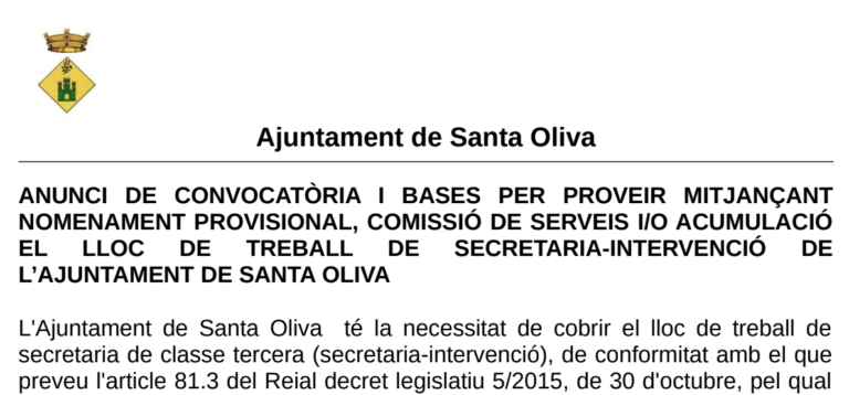 Lloc de treball de secretaria de classe tercera a l’Ajuntament de Santa Oliva