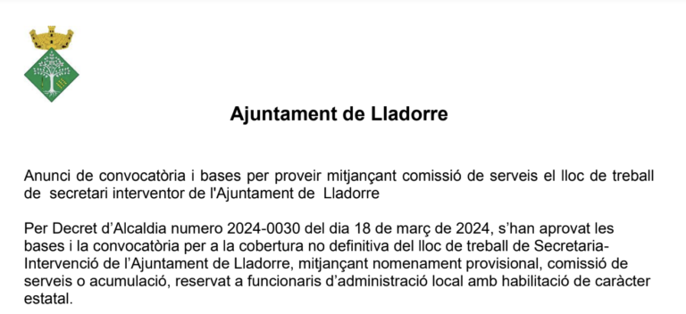Lloc de treball de secretari interventor de l’Ajuntament de Lladorre