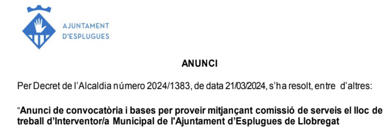 Lloc de treball d’Interventor/a Municipal de l’Ajuntament d’Esplugues de Llobregat
