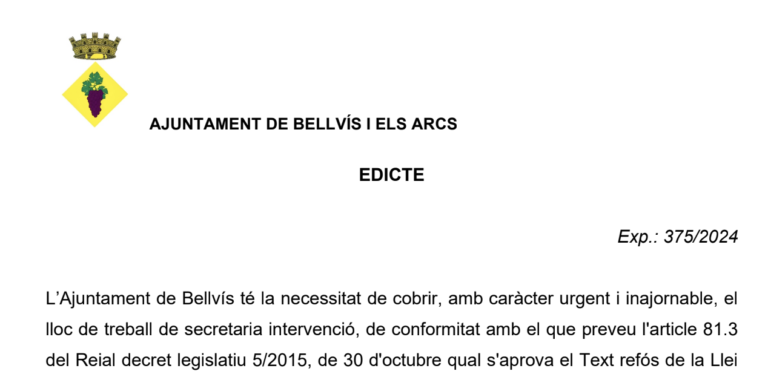 Lloc de treball de secretaria intervenci a l’Ajuntament de Bellvís i els Arcs