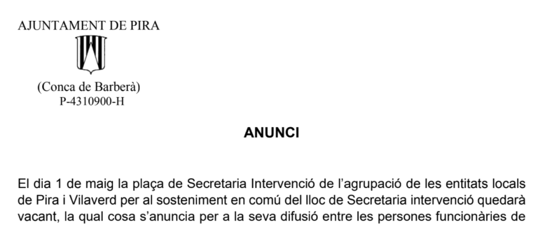Lloc de treball de secretaria intervenció a l’Agrupació de les entitats locals de Pira i Vilaverd