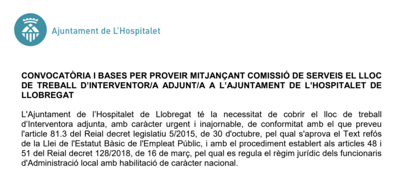Lloc de treball d’Interventora adjunta a l’Ajuntament de l’Hospitalet de Llobregat